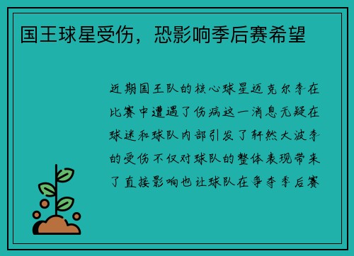国王球星受伤，恐影响季后赛希望